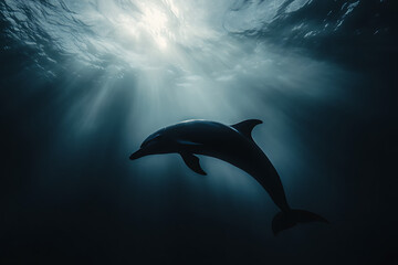 Obraz premium A dolphin gracefully swims through illuminated ocean depths.