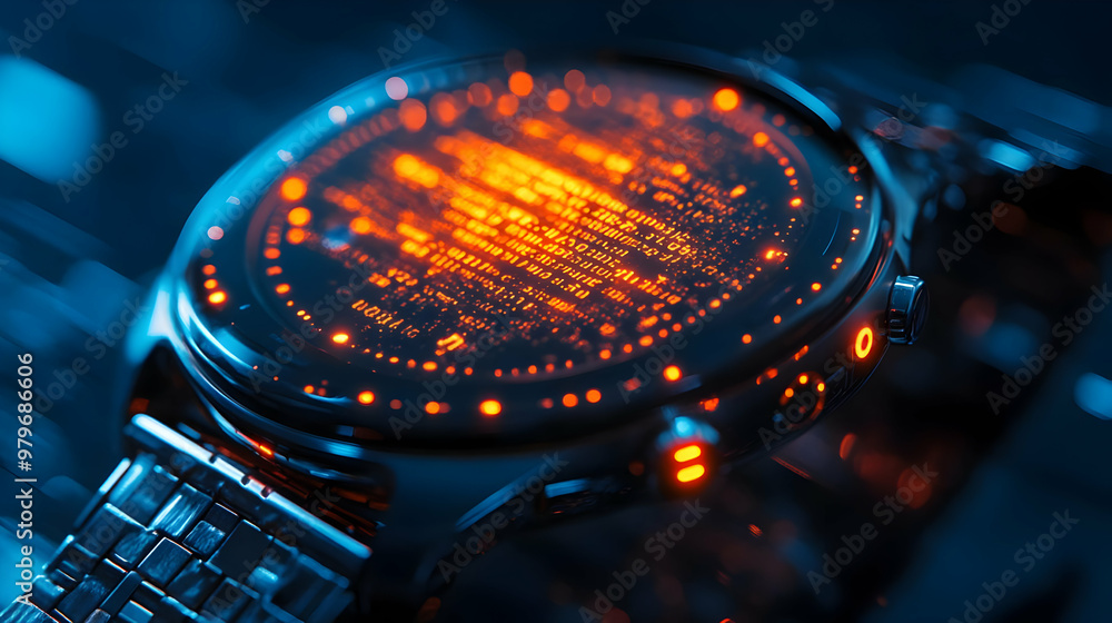 Poster close-up of a futuristic smartwatch display glowing with vibrant orange lights and intricate digital