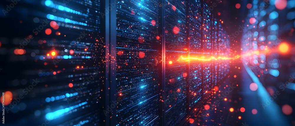 Poster futuristic data center with glowing lights and abstract patterns, representing advanced technology a