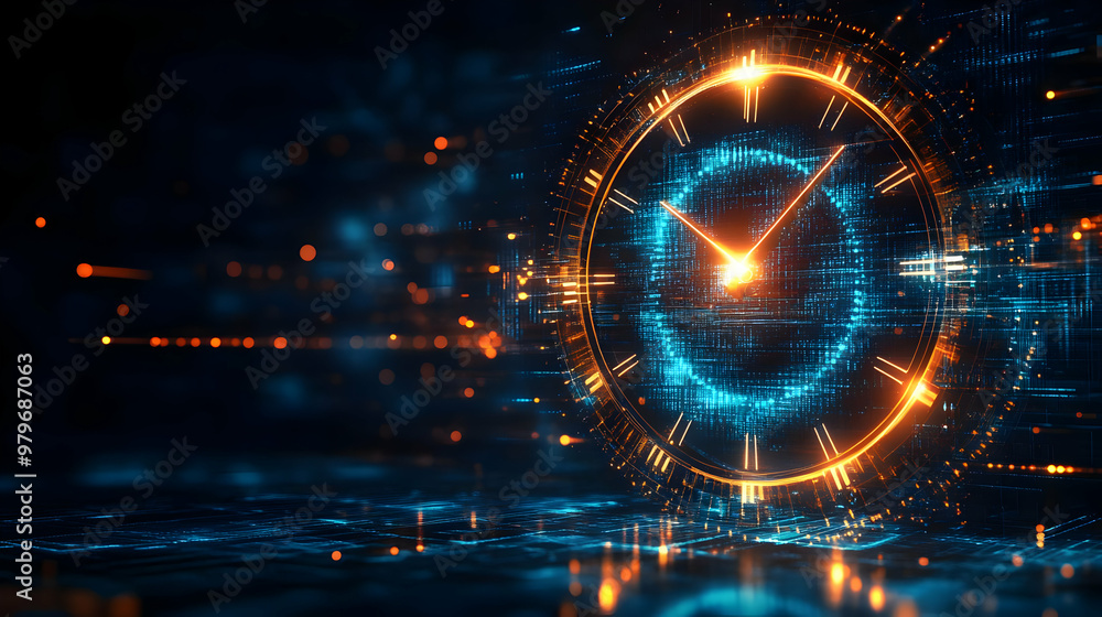 Poster a futuristic clock design with glowing elements representing time and technology in a digital landsc