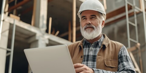 A man wearing a hard hat and a vest is holding a laptop. He is smiling and he is enjoying himself