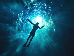 A diver swims upward through shimmering blue water, surrounded by rays of light, creating a serene and captivating underwater scene.