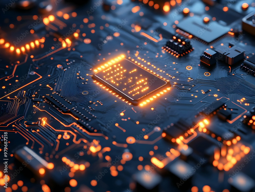 Poster close-up of a high-tech circuit board featuring glowing components and intricate patterns, ideal for