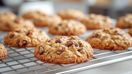 Freshly baked cookies cooling on a rack, creating a cozy and inviting atmosphere for dessert lovers and home bakers.
