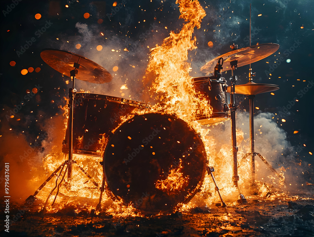 Poster dynamic drum set engulfed in flames, creating an explosive and captivating visual spectacle of music
