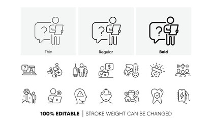 Mental health, Mental conundrum and Discount line icons. Pack of Charging app, Sick man, Search employee icon. Smile, Dental insurance, House security pictogram. Video conference, Faq. Vector