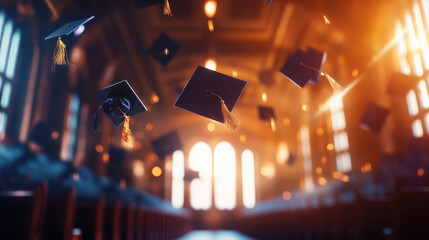 Graduation caps flying in a grand hall, symbolizing achievement and celebration.