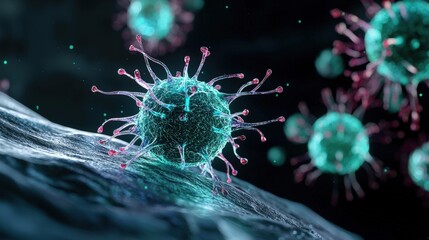 Obraz premium Detailed representation of a virus, showcasing its structure and components in a colorful, scientific illustration.