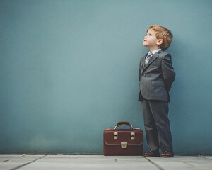 A young boy in a formal suit standing thoughtfully against a blue wall, with a briefcase by his side. A charming portrayal of ambition and curiosity.