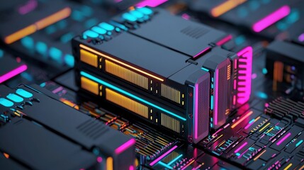 Futuristic computer hardware with vibrant lighting. Perfect for technology-themed designs and digital innovation concepts.