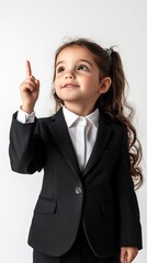 A confident young girl in a black business suit pointing upward with a bright, inspired expression. This image symbolizes innovation, ambition, and future leadership.