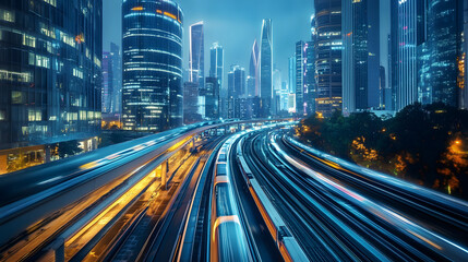 Obraz premium A futuristic cityscape with smart transportation systems, showcasing technology's potential to create sustainable urban environments.