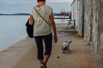 person walking on the beach and playing with a smaller dog