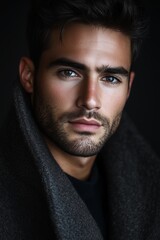 Fototapeta premium Close-up of a confident young man with a beard, piercing eyes, and a dark coat against a dark background.