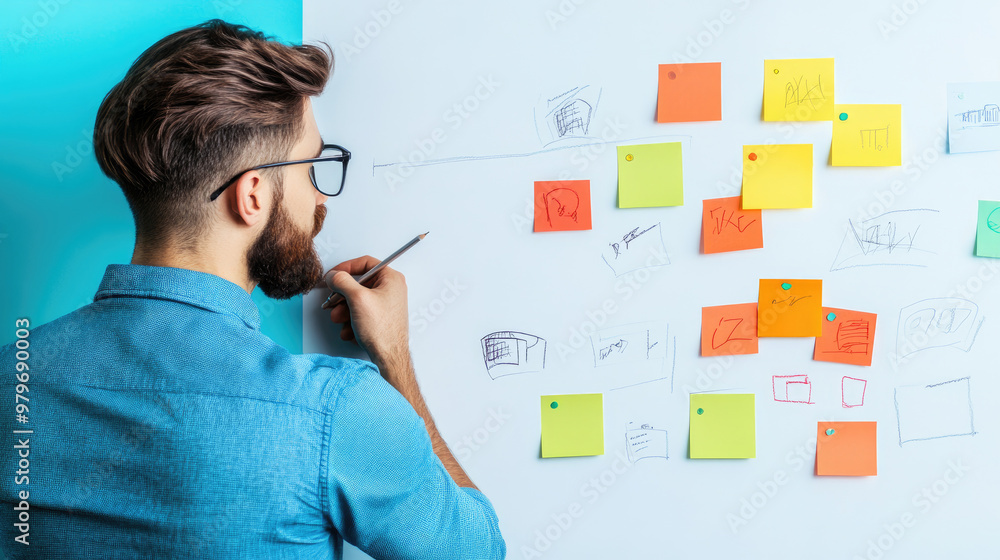 Poster collaborative brainstorming session featuring sticky notes and sketches on a whiteboard, ideal for b