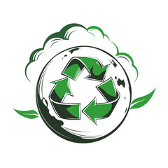 Obraz premium Recycling symbol over a green globe with leaves representing environmental conservation 