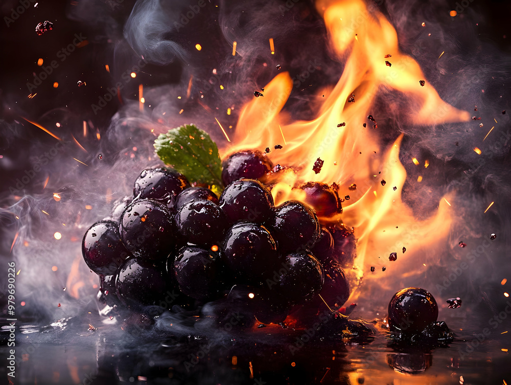 Poster vibrant grapes ignite in a mesmerizing fiery display, creating an artistic fusion of fruit and flame