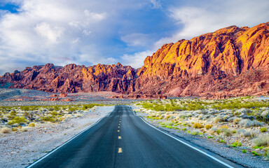 Winding road through Valley of Fire State Park, just north of Las Vegas in Southern Nevada with...