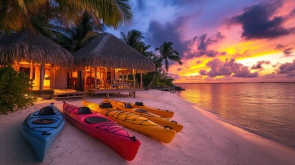 Kayak boat in tropical beach with coconut tree at sunset