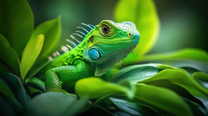 Iguana Lizard. Majestic Green Reptile Gazes in Wildlife Natural Habitat
