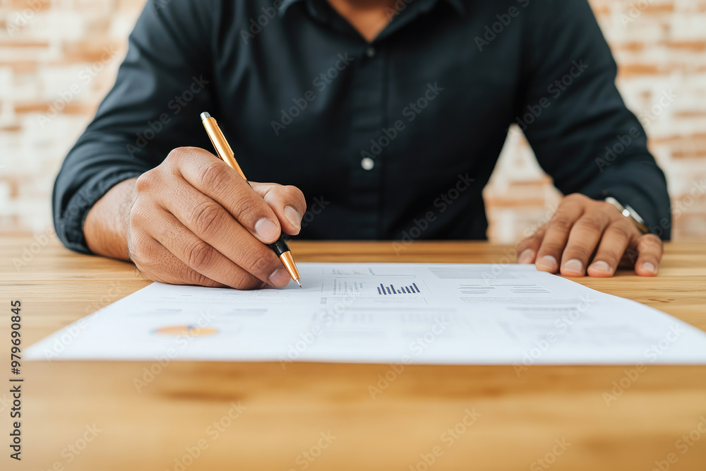 Poster a focused entrepreneur reviews a comprehensive business plan, utilizing visual graphs and charts to 