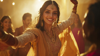 beautiful Indian woman in traditional dress dancing at a wedding.