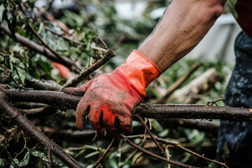 In The Aftermath. A Strong Man Helping his Local Community Clearing Debris After Stormy Weather