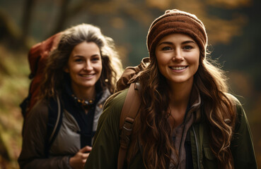 Obraz premium Young and older woman smiling while hiking in the mountains