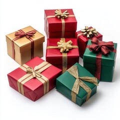 Obraz premium Festive Christmas gift boxes in various sizes, wrapped in vibrant red, green, and gold paper with elegant ribbons