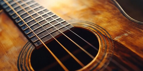 Fototapeta premium Close-up view of an acoustic guitar focusing on the strings and wooden body, showcasing the texture and design details.