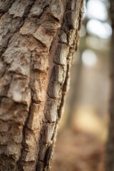 Obraz premium A detailed close-up of a rough-textured tree trunk in a natural setting, showcasing the intricate patterns in its bark.