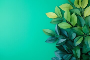 Fototapeta premium Different varieties of green leaves arranged on a green background, creating a refreshing and natural composition.