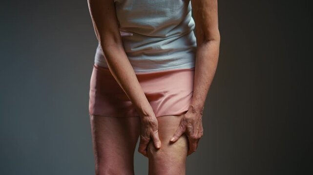 Close-up of woman displeased with leg skin imperfections, cellulitis problem