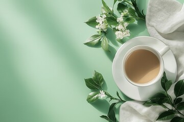 A fresh cup of coffee set with leaves and white flowers on a mint background, exuding a refreshing...