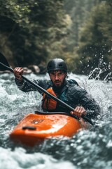Fototapeta premium A kayaker rafting struggling with water splashes in boat in rapid river in mountain