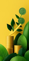 A modern illustration of coins growing into lush green plants, with a bold arrow showing the positive trajectory of eco-friendly financial investments.