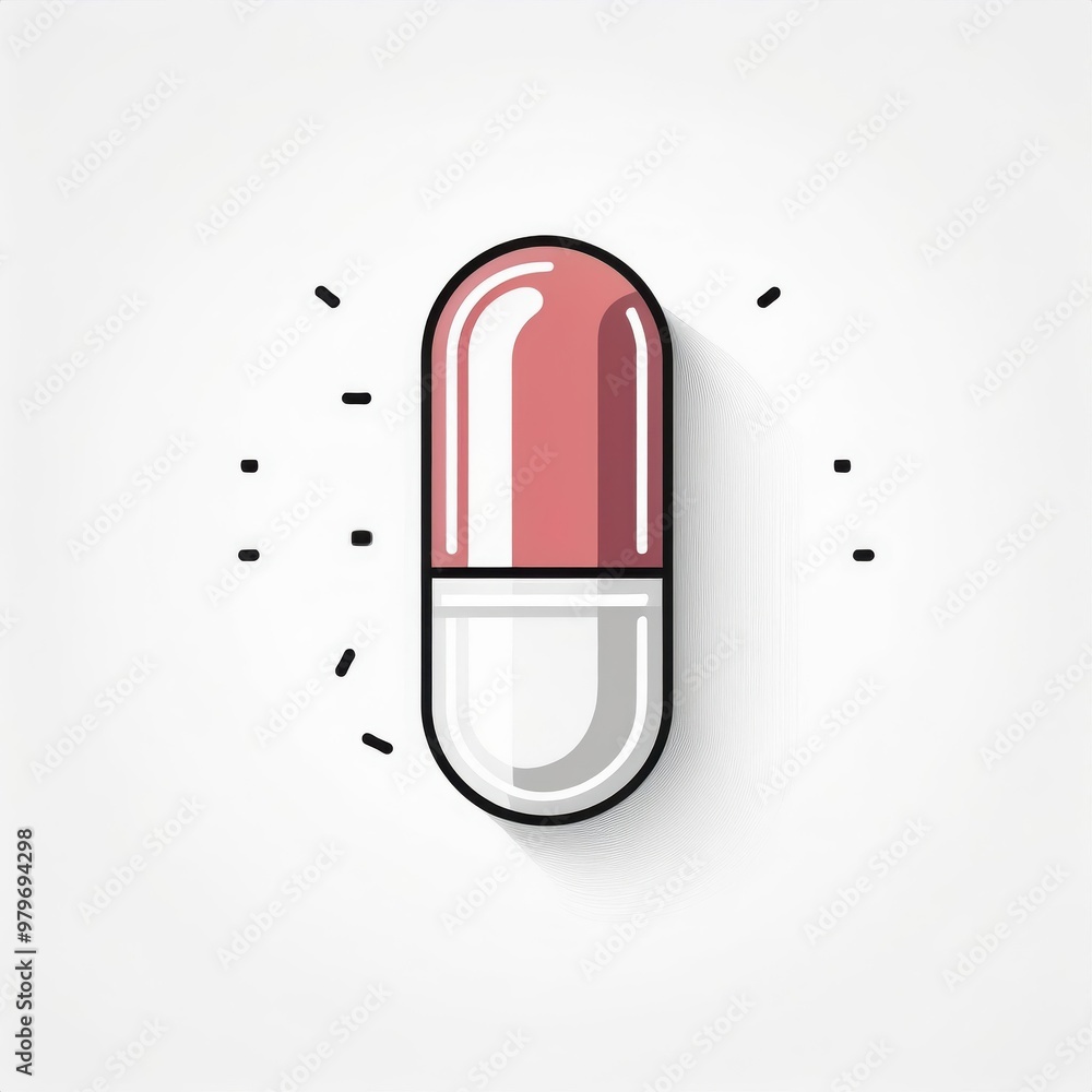 Poster minimalist icon of a red and white capsule pill with long shadow on a light background. clean, flat 