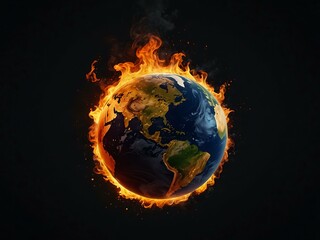 Earth on fire, depicting global catastrophe on a dark background.