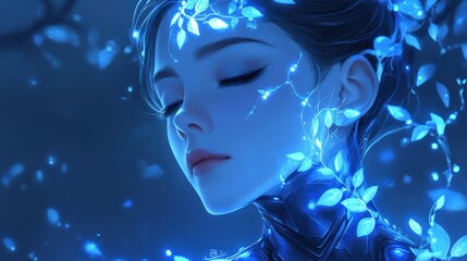 Fototapeta premium Young girl with blue skin, closed eyes on blue background with leaves and glitter.