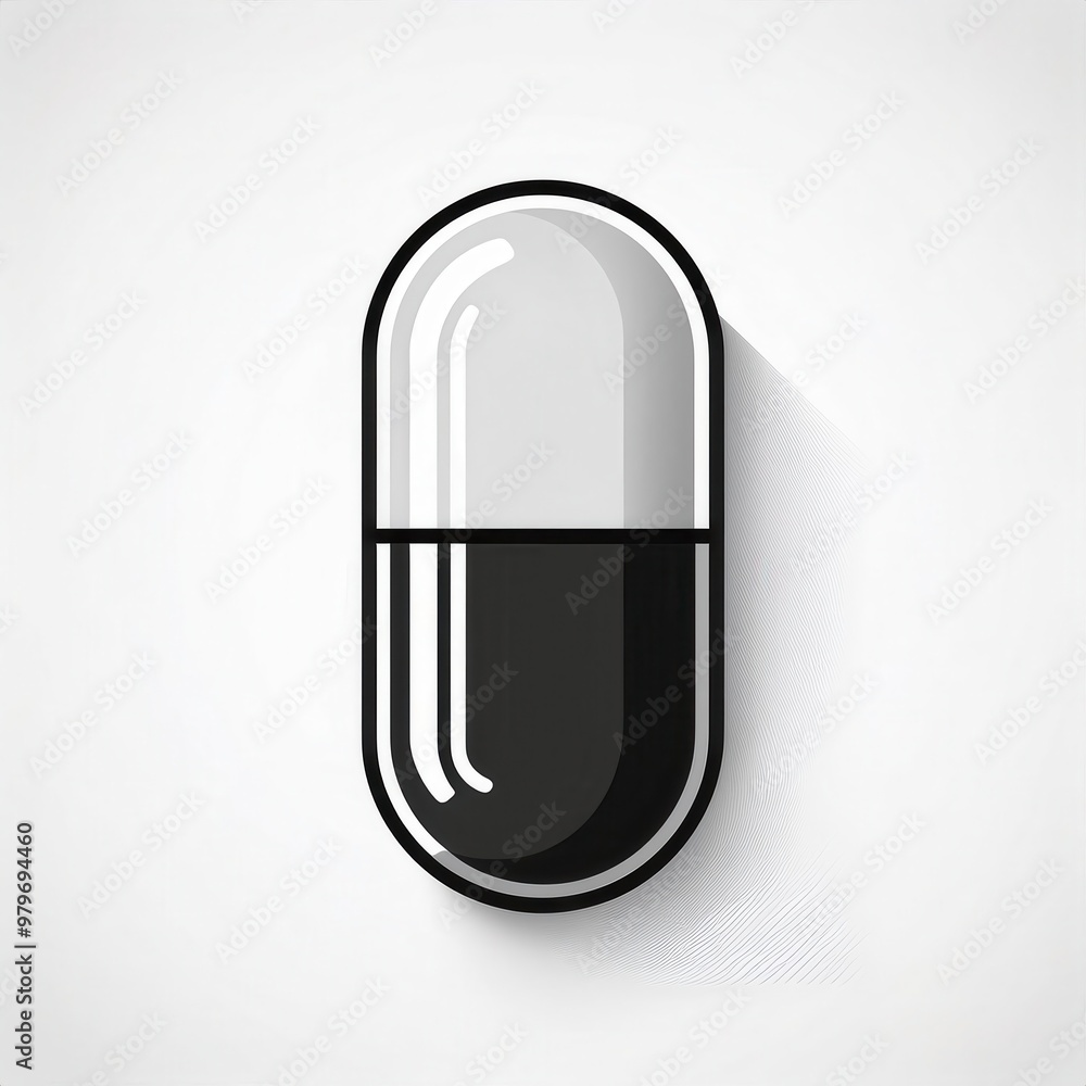 Poster minimalist icon of a red and white capsule pill with long shadow on a light background. clean, flat 