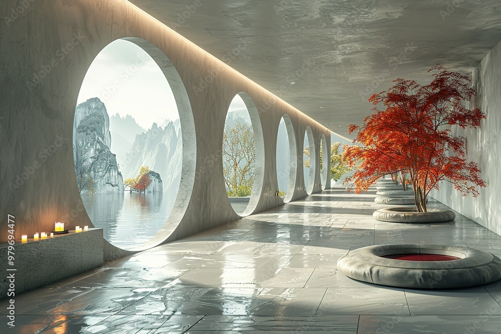 Poster a large room with a tree in the middle and a view of mountains