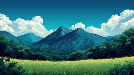 Fototapeta premium A serene landscape featuring majestic mountains, lush grass, and a clear blue sky, perfect for nature enthusiasts and adventurers.