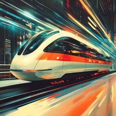 Obraz premium Futuristic High Speed Train in City at Night with Blurred Lights
