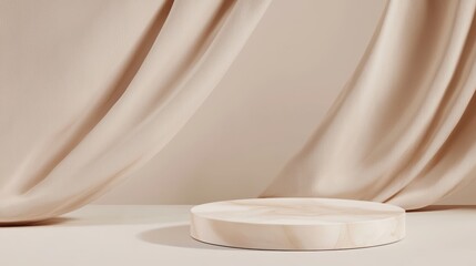 A minimalist platform for product display, with flowing beige fabric in the background, perfect for beauty or fashion product branding.