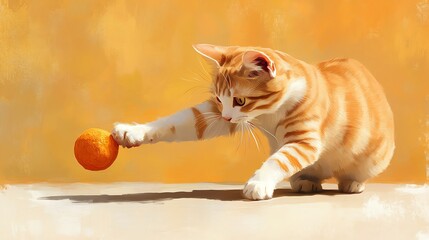 A playful orange cat reaching for a round ball against a warm, soft background, embodying curiosity and playful energy.