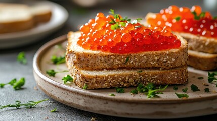 sandwiches with red caviar. Selective focus