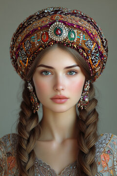 Russian beauty with a thick braid and a kokoshnik on her head