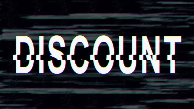 Discount text animation with a glitch effect. Cyberpunk text with an old TV distortion effect. Retro, vintage 8-bit game style. 4K.
