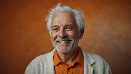 Elderly man with white hair, smiling against a vibrant orange backdrop, copy space