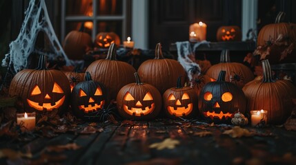 Fototapeta premium Various carved pumpkin jack-o'-lanterns illuminated by candles, surrounded by autumn leaves and spiders for Halloween decoration.